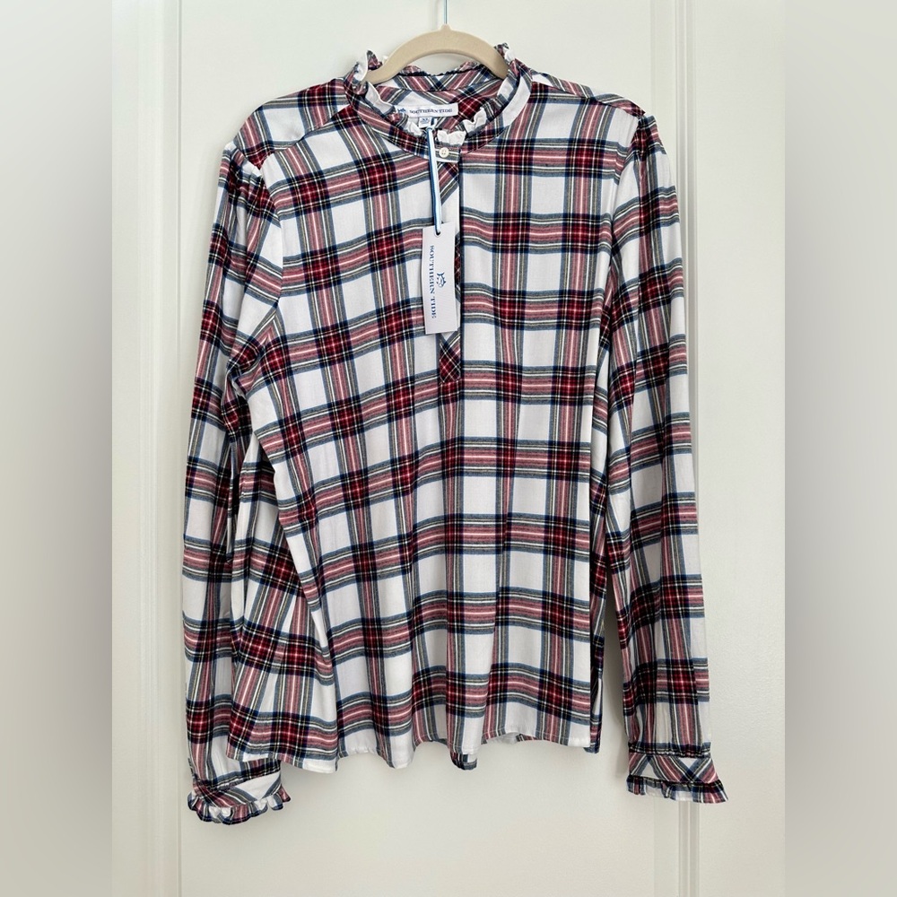 NWT! Southern Tide Women’s Plaid Ruffle Collar Long Sleeve Leslie Top